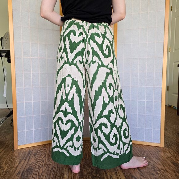 Rachel Zoe Wide Leg Boho Cropped Linen Pants EUC- Women's Size M - Green/Cream - Picture 2 of 11